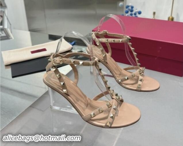 Popular Style Valentino Rockstud Nappa Leather Wedge Sandals 8.5cm with Clear Heel Beige 903070