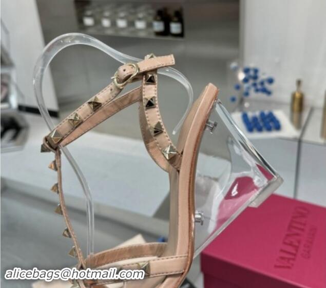 Popular Style Valentino Rockstud Nappa Leather Wedge Sandals 8.5cm with Clear Heel Beige 903070