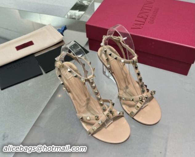 Popular Style Valentino Rockstud Nappa Leather Wedge Sandals 8.5cm with Clear Heel Beige 903070