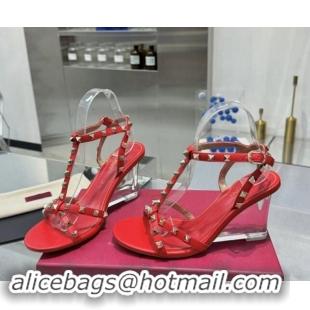 Unique Style Valentino Rockstud Nappa Leather Wedge Sandals 8.5cm with Clear Heel Red 903071