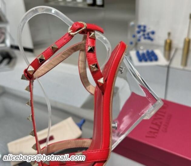 Unique Style Valentino Rockstud Nappa Leather Wedge Sandals 8.5cm with Clear Heel Red 903071