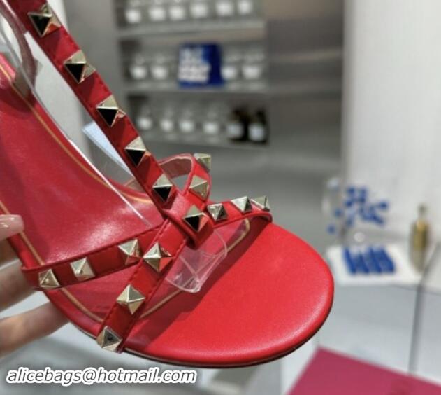 Unique Style Valentino Rockstud Nappa Leather Wedge Sandals 8.5cm with Clear Heel Red 903071