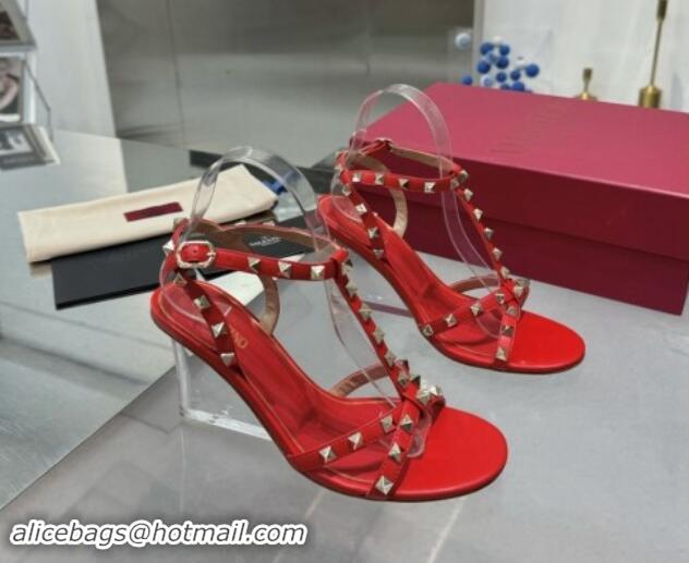 Unique Style Valentino Rockstud Nappa Leather Wedge Sandals 8.5cm with Clear Heel Red 903071