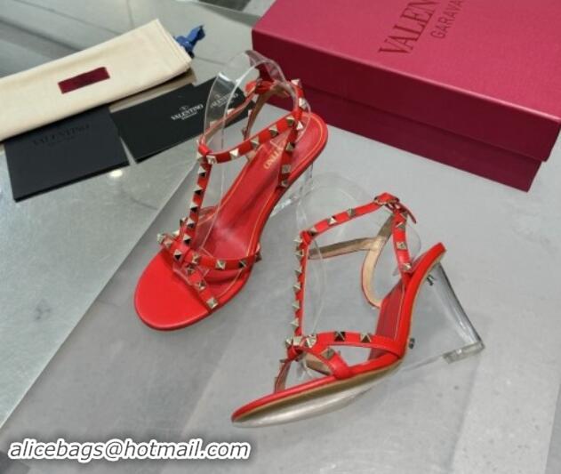 Unique Style Valentino Rockstud Nappa Leather Wedge Sandals 8.5cm with Clear Heel Red 903071