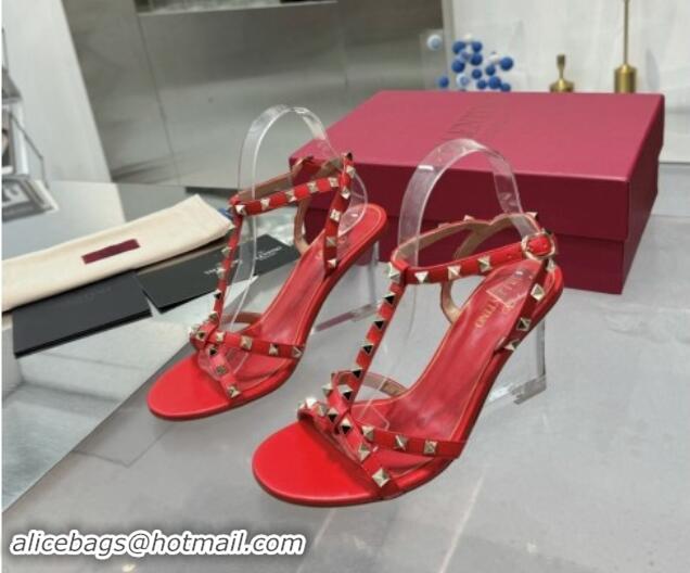 Unique Style Valentino Rockstud Nappa Leather Wedge Sandals 8.5cm with Clear Heel Red 903071