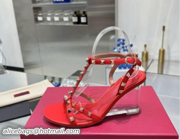 Unique Style Valentino Rockstud Nappa Leather Wedge Sandals 8.5cm with Clear Heel Red 903071