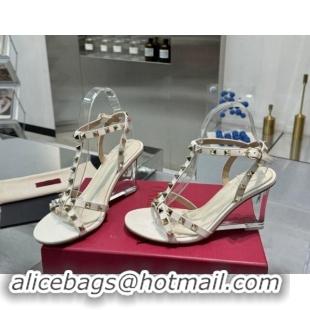 Purchase Valentino Rockstud Nappa Leather Wedge Sandals 8.5cm with Clear Heel White 903072