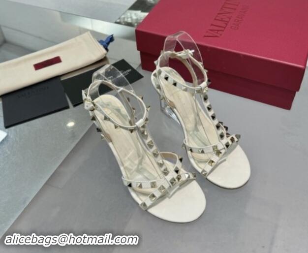 Purchase Valentino Rockstud Nappa Leather Wedge Sandals 8.5cm with Clear Heel White 903072