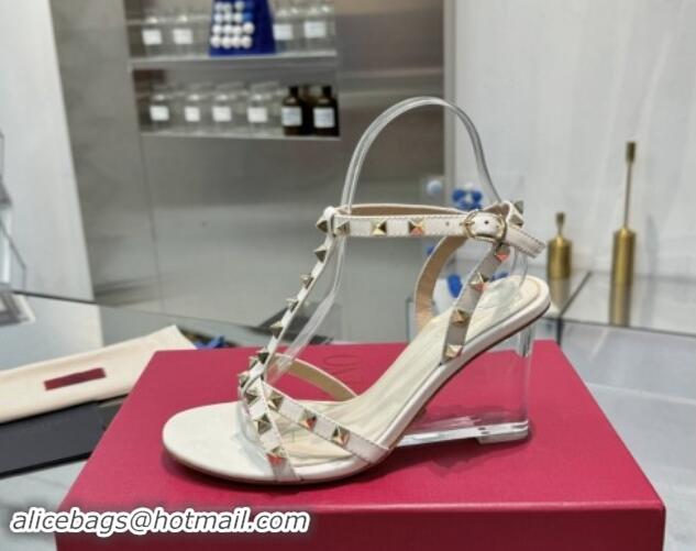 Purchase Valentino Rockstud Nappa Leather Wedge Sandals 8.5cm with Clear Heel White 903072