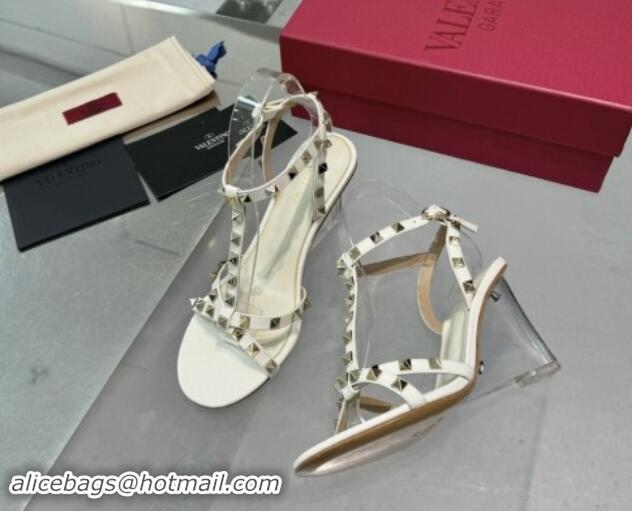 Purchase Valentino Rockstud Nappa Leather Wedge Sandals 8.5cm with Clear Heel White 903072