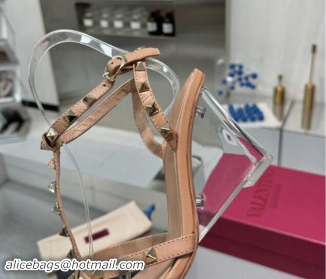 Good Quality Valentino Rockstud Nappa Leather Wedge Sandals 8.5cm with Clear Heel Dark Beige 903073