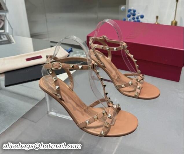 Good Quality Valentino Rockstud Nappa Leather Wedge Sandals 8.5cm with Clear Heel Dark Beige 903073