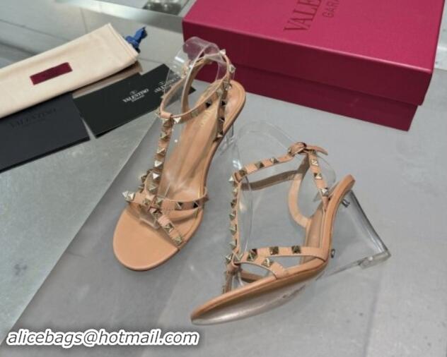 Good Quality Valentino Rockstud Nappa Leather Wedge Sandals 8.5cm with Clear Heel Dark Beige 903073