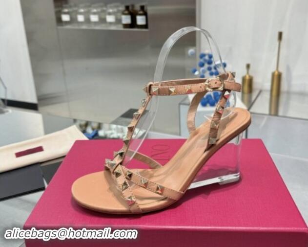 Good Quality Valentino Rockstud Nappa Leather Wedge Sandals 8.5cm with Clear Heel Dark Beige 903073