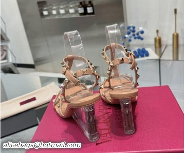 Good Quality Valentino Rockstud Nappa Leather Wedge Sandals 8.5cm with Clear Heel Dark Beige 903073