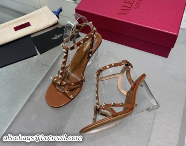 Grade Quality Valentino Rockstud Nappa Leather Wedge Sandals 8.5cm with Clear Heel Brown 903074