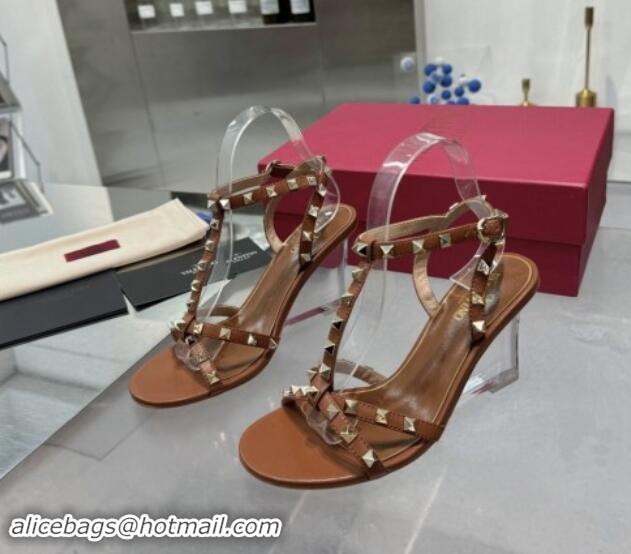 Grade Quality Valentino Rockstud Nappa Leather Wedge Sandals 8.5cm with Clear Heel Brown 903074