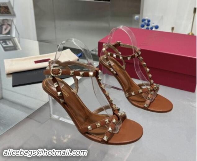 Grade Quality Valentino Rockstud Nappa Leather Wedge Sandals 8.5cm with Clear Heel Brown 903074