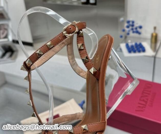 Grade Quality Valentino Rockstud Nappa Leather Wedge Sandals 8.5cm with Clear Heel Brown 903074