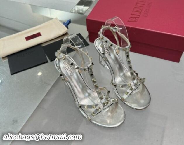 Best Grade Valentino Rockstud Nappa Leather Wedge Sandals 8.5cm with Clear Heel Silver 903075