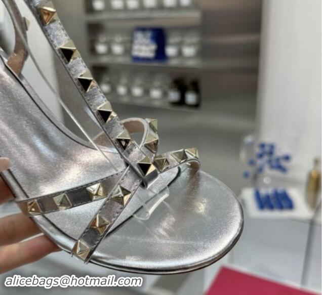 Best Grade Valentino Rockstud Nappa Leather Wedge Sandals 8.5cm with Clear Heel Silver 903075