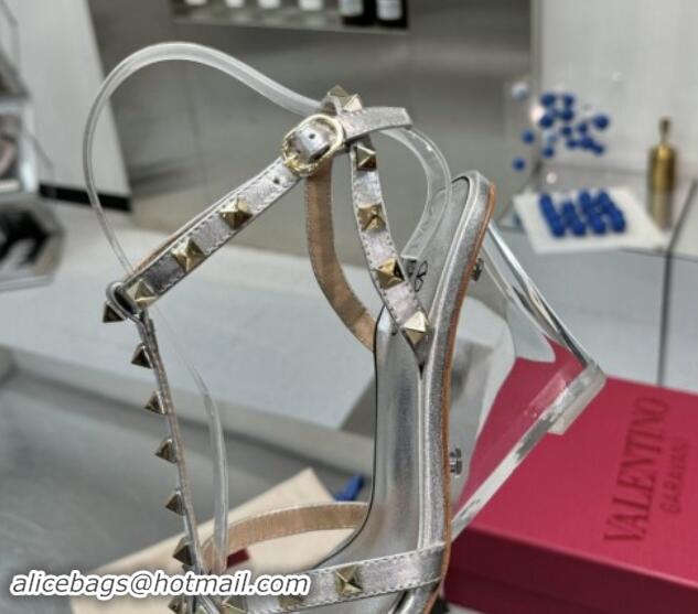 Best Grade Valentino Rockstud Nappa Leather Wedge Sandals 8.5cm with Clear Heel Silver 903075