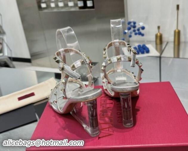 Best Grade Valentino Rockstud Nappa Leather Wedge Sandals 8.5cm with Clear Heel Silver 903075