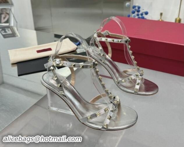 Best Grade Valentino Rockstud Nappa Leather Wedge Sandals 8.5cm with Clear Heel Silver 903075