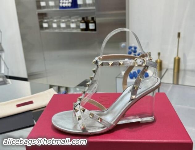 Best Grade Valentino Rockstud Nappa Leather Wedge Sandals 8.5cm with Clear Heel Silver 903075