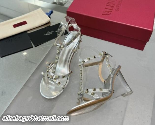 Best Grade Valentino Rockstud Nappa Leather Wedge Sandals 8.5cm with Clear Heel Silver 903075