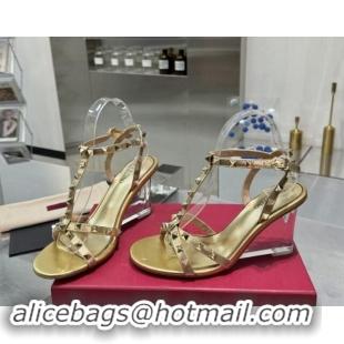 Sumptuous Valentino Rockstud Nappa Leather Wedge Sandals 8.5cm with Clear Heel Gold 903076