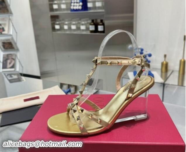 Sumptuous Valentino Rockstud Nappa Leather Wedge Sandals 8.5cm with Clear Heel Gold 903076