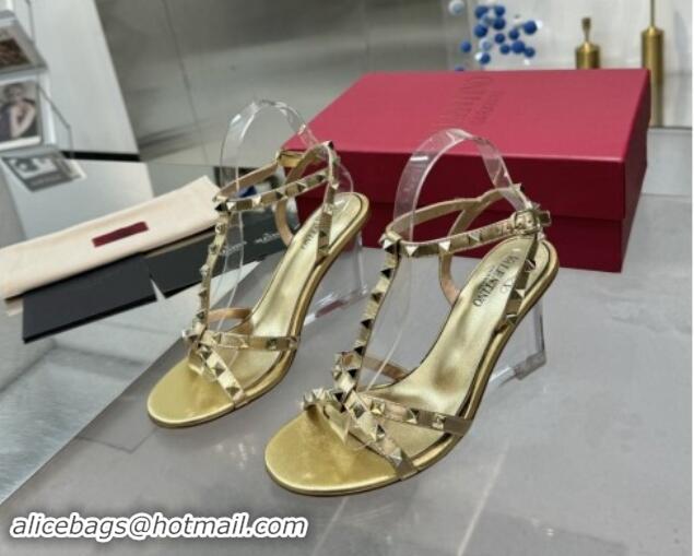 Sumptuous Valentino Rockstud Nappa Leather Wedge Sandals 8.5cm with Clear Heel Gold 903076