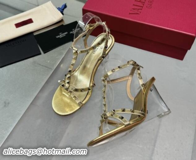 Sumptuous Valentino Rockstud Nappa Leather Wedge Sandals 8.5cm with Clear Heel Gold 903076