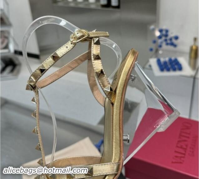 Sumptuous Valentino Rockstud Nappa Leather Wedge Sandals 8.5cm with Clear Heel Gold 903076