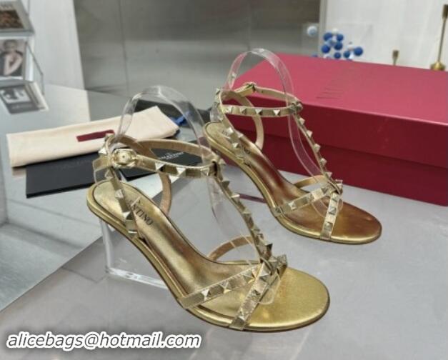 Sumptuous Valentino Rockstud Nappa Leather Wedge Sandals 8.5cm with Clear Heel Gold 903076