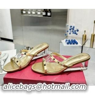 Classic Hot Valentino Rockstud PVC Wedge Slides Sandal 5cm with Clear Heel Gold 903077