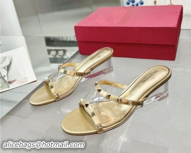 Classic Hot Valentino Rockstud PVC Wedge Slides Sandal 5cm with Clear Heel Gold 903077