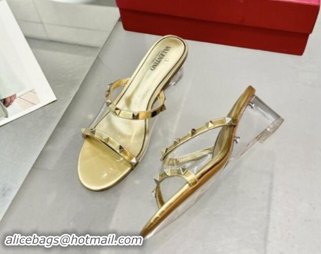 Classic Hot Valentino Rockstud PVC Wedge Slides Sandal 5cm with Clear Heel Gold 903077