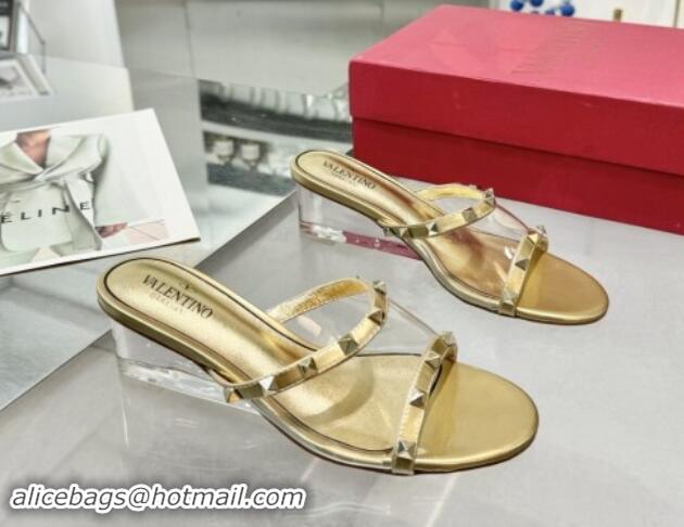 Classic Hot Valentino Rockstud PVC Wedge Slides Sandal 5cm with Clear Heel Gold 903077