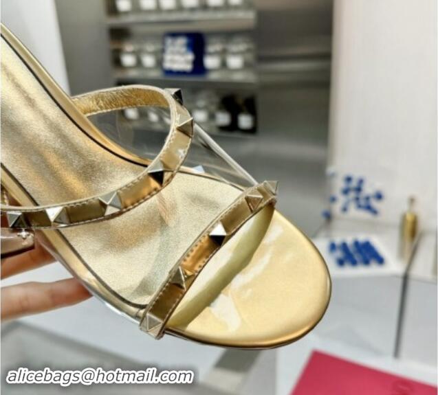 Classic Hot Valentino Rockstud PVC Wedge Slides Sandal 5cm with Clear Heel Gold 903077