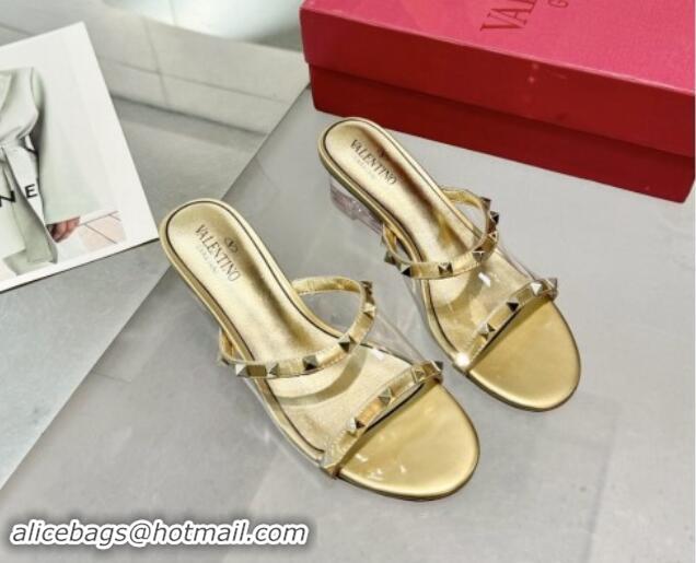 Classic Hot Valentino Rockstud PVC Wedge Slides Sandal 5cm with Clear Heel Gold 903077