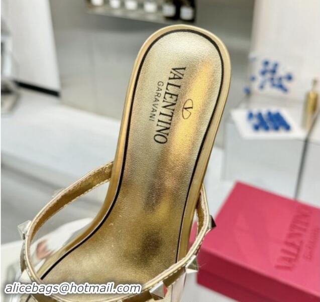 Classic Hot Valentino Rockstud PVC Wedge Slides Sandal 5cm with Clear Heel Gold 903077