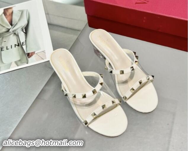 Fashion Luxury Valentino Rockstud PVC Wedge Slides Sandal 5/8.5cm with Clear Heel White 903078