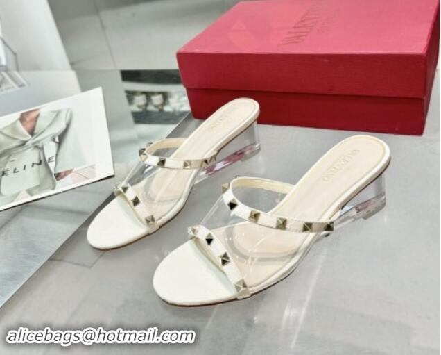 Fashion Luxury Valentino Rockstud PVC Wedge Slides Sandal 5/8.5cm with Clear Heel White 903078