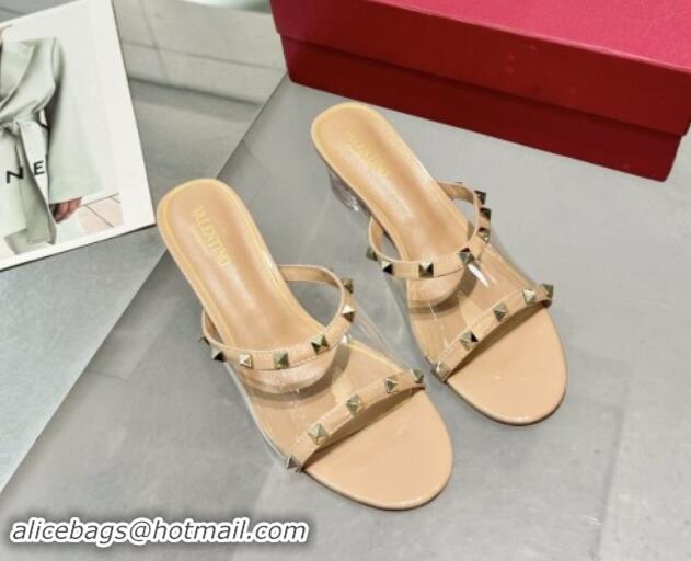 Fashion Valentino Rockstud PVC Wedge Slides Sandal 5cm with Clear Heel Beige 903079