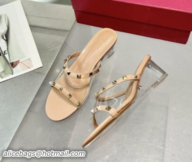 Fashion Valentino Rockstud PVC Wedge Slides Sandal 5cm with Clear Heel Beige 903079