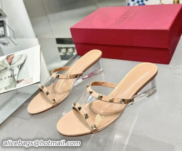 Fashion Valentino Rockstud PVC Wedge Slides Sandal 5cm with Clear Heel Beige 903079