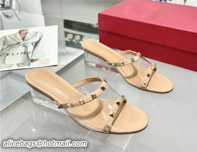 Fashion Valentino Rockstud PVC Wedge Slides Sandal 5cm with Clear Heel Beige 903079