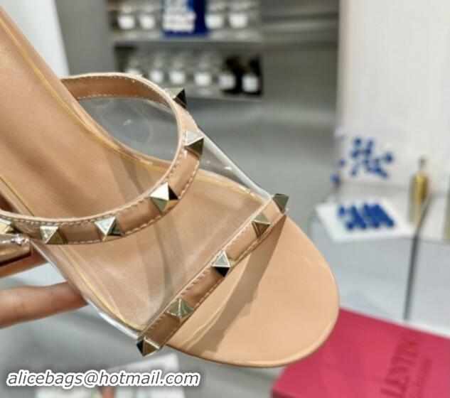 Fashion Valentino Rockstud PVC Wedge Slides Sandal 5cm with Clear Heel Beige 903079